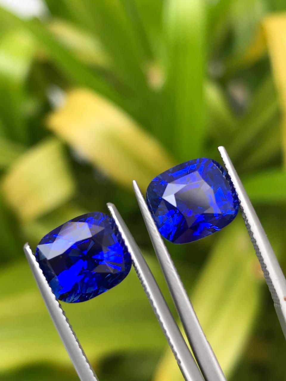 Blue Sapphire pair Intense royal blue colour Radiant cushion cut 12.58ct